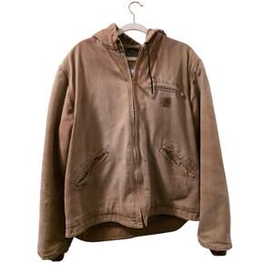 Vintage Distressed Y2K Carhartt Tan Hooded Jacket Thrashed USA Sherpa Lined L